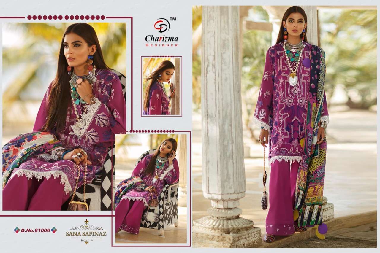 SANA SAFINAZ BY CHARIZAM DESIGNER 81001 TO 81007 SERIES BEAUTIFUL SUITS STYLISH FANCY COLORFUL PARTY WEAR & OCCASIONAL WEAR JAM COTTON WITH PATCH EMBROIDERY DRESSES AT WHOLESALE PRICE
